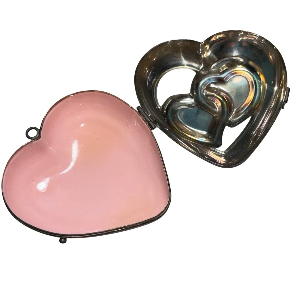Trinket Box Silver Pink Lenox Heart Interlocking Cutout Enamel Inlay Vintage